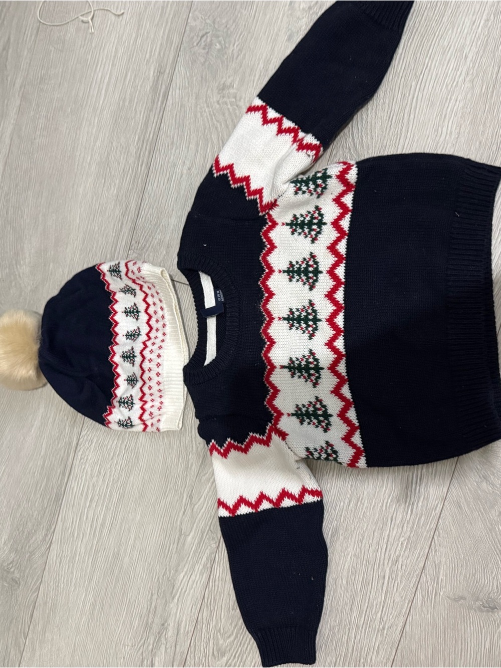 Kids Navy & White Holiday Sweater Set with Pom Beanie